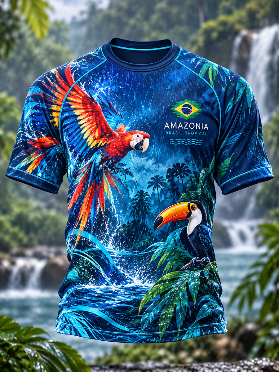 Camiseta masculina de manga curta estilo raglan com estampas tropicais de animais