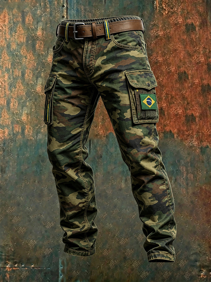 Calças cargo compridas com estampa gráfica patriótica e tema militar para homens