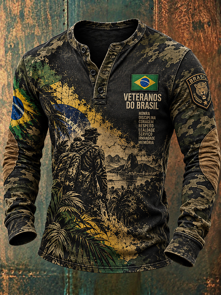 Camiseta de Manga Comprida Masculina com Estampas Patrióticas Temáticas de Veteranos