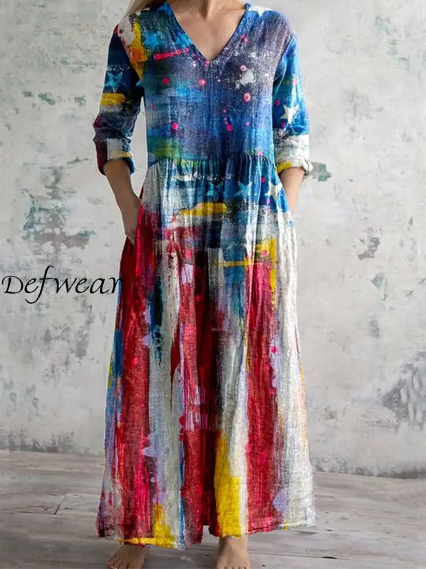 Stars Stripes Tie-Dye Printed V Neck Vintage Elegant Long Sleeve Midi Dress A / S