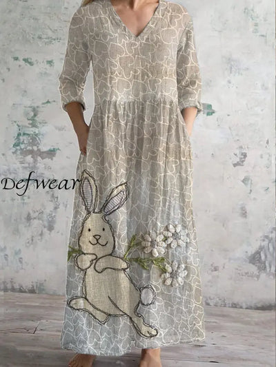 Stylish Easter Bunny Floral Art Print V-Neck Dress As picture / S