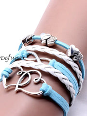 Unisex Valentine Heart Vintage Braided Bracelet Light Blue