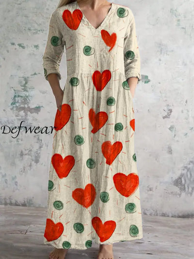 Valentine’s Day Vintage Art Print Chic V Neck Three Quarter Sleeve Elegant Midi Dress Beige / S