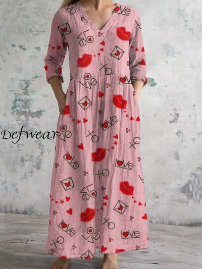 Valentine’s Day Vintage Art Print Chic V Neck Three Quarter Sleeve Elegant Midi Dress Pink / S