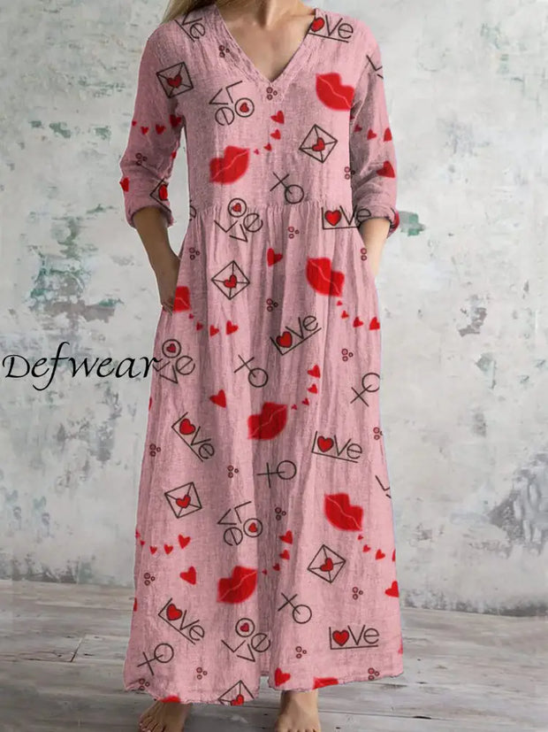 Valentine’s Day Vintage Art Print Chic V Neck Three Quarter Sleeve Elegant Midi Dress Pink / S