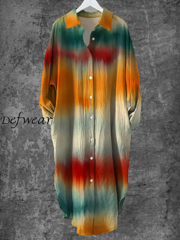 Vintage Art Print Chic Long Sleeve Casual V Neck Button Loose Shirt Dress A / S