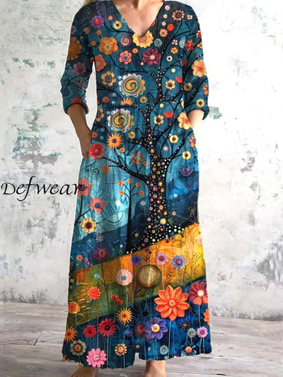 Vintage Art Print Chic V-Neck Three-Quarter Sleeve Elegant Mid-Length Dress A / S