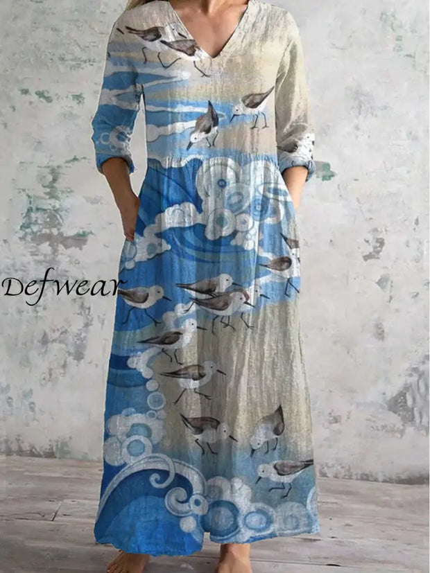 Vintage Art Print Chic V Neck Three Quarter Sleeve Elegant Midi Dress A / S