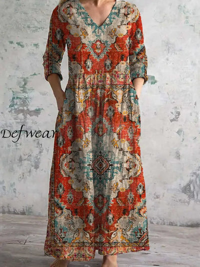 Vintage Art Print Chic V-Neck Three-Quarter Sleeve Elegant Midi Dress A / S