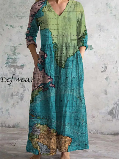 Vintage Art Print Chic V Neck Three Quarter Sleeve Elegant Midi Dress A / S