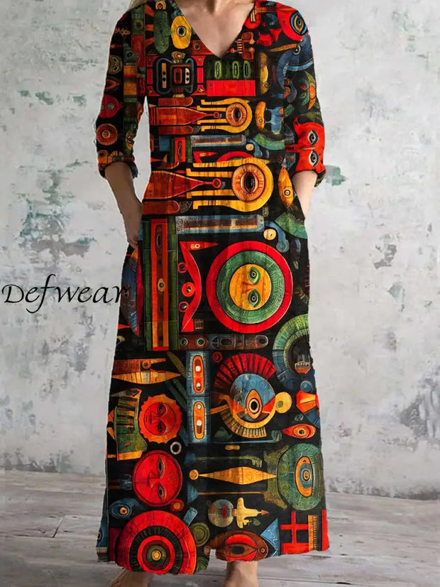 Vintage Art Print Chic V Neck Three Quarter Sleeve Elegant Midi Dress A / S