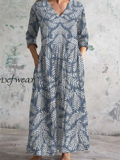 Vintage Art Print Chic V Neck Three Quarter Sleeve Elegant Midi Dress A / S