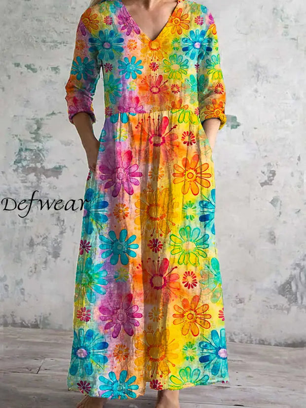 Vintage Art Print Chic V Neck Three Quarter Sleeve Elegant Midi Dress A / S