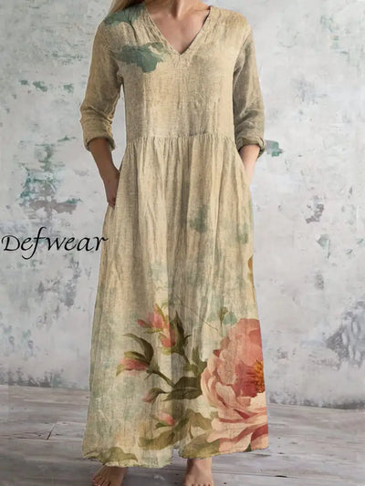 Vintage Art Print Chic V Neck Three Quarter Sleeve Elegant Midi Dress Apricot / S