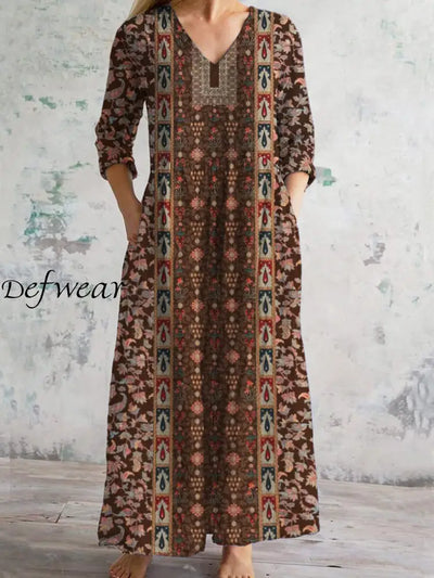 Vintage Art Print Chic V Neck Three Quarter Sleeve Elegant Midi Dress Dark Brown / S