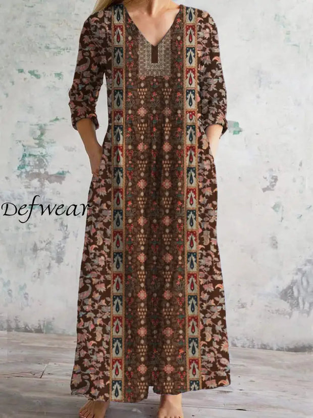 Vintage Art Print Chic V Neck Three Quarter Sleeve Elegant Midi Dress Dark Brown / S