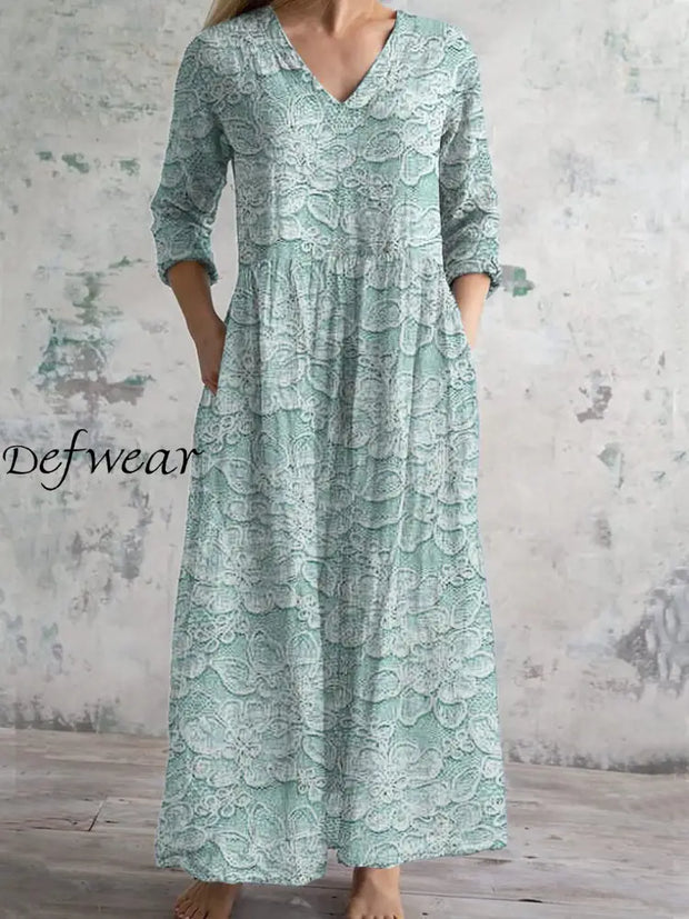 Vintage Art Print Chic V Neck Three Quarter Sleeve Elegant Midi Dress Light Green / S