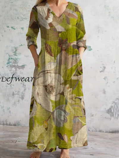 Vintage Art Print Chic V Neck Three Quarter Sleeve Elegant Midi Dress Light Green / S