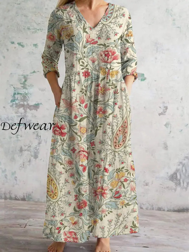 Vintage Art Print Chic V Neck Three Quarter Sleeve Elegant Midi Dress Light Green / S