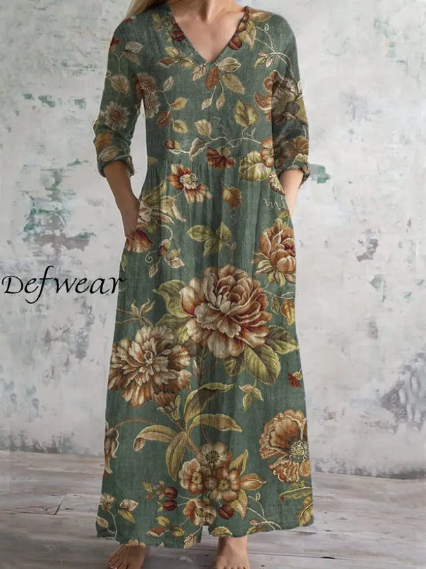 Vintage Art Print Chic V Neck Three Quarter Sleeve Elegant Midi Dress Olive Green / S