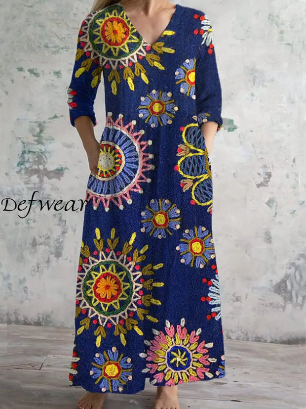 Vintage Art Print Chic V Neck Three Quarter Sleeve Elegant Midi Dress Sapphire Blue / S