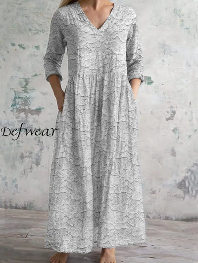 Vintage Art Print Chic V Neck Three Quarter Sleeve Elegant Midi Dress White / S