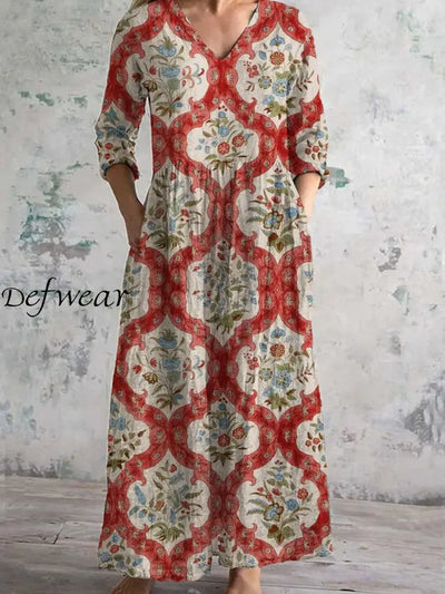 Vintage Art Print Chic V-Neck Three-Quarter Sleeves Elegant Midi Dress A / S