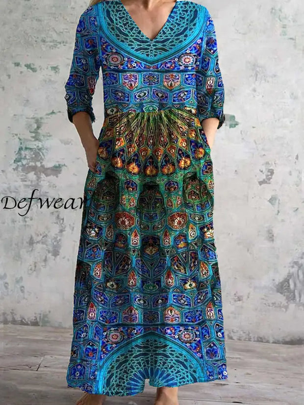 Vintage Art Print Chic V Neck Three Quarter Sleeves Elegant Midi Dress A / S