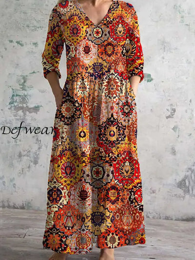 Vintage Art Print Chic V Neck Three Quarter Sleeves Elegant Midi Dress A / S