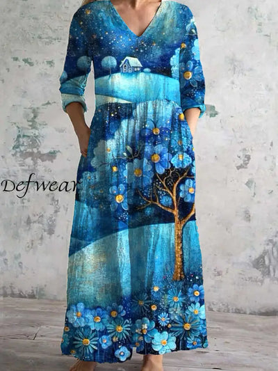 Vintage Art Print Chic V Neck Three Quarter Sleeves Elegant Midi Dress A / S