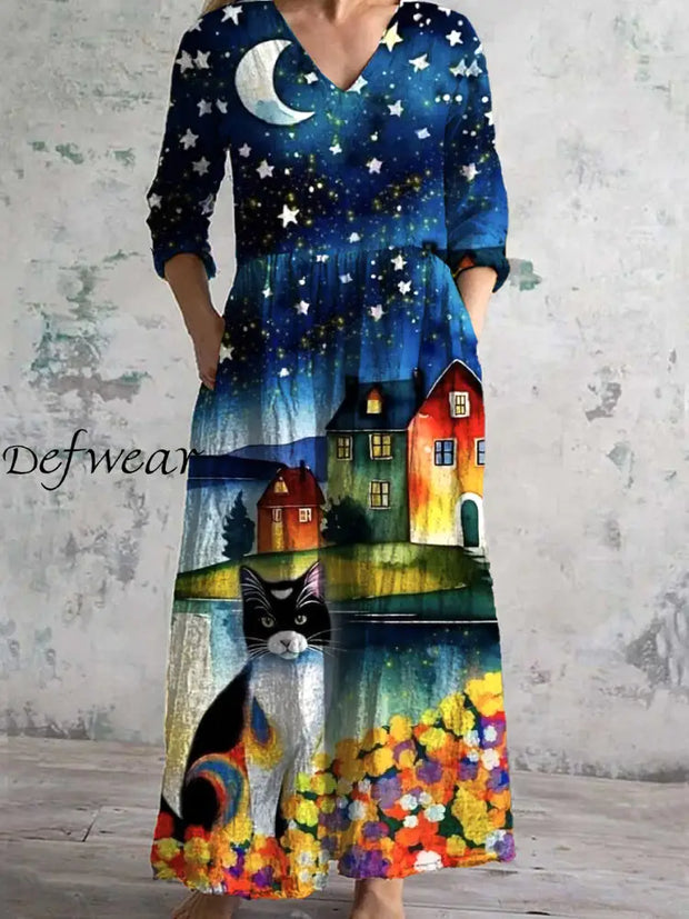 Vintage Art Print Chic V Neck Three Quarter Sleeves Elegant Midi Dress A / S