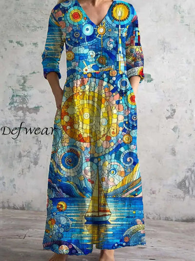 Vintage Art Print Chic V Neck Three Quarter Sleeves Elegant Midi Dress A / S