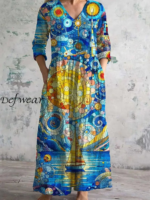 Vintage Art Print Chic V Neck Three Quarter Sleeves Elegant Midi Dress A / S