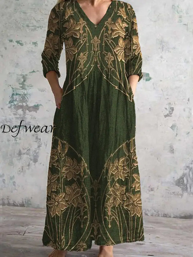 Vintage Art Print Chic V-Neck Three-Quarter Sleeves Elegant Midi Dress A / S