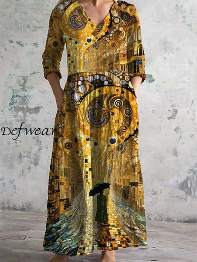 Vintage Art Print Chic V Neck Three Quarter Sleeves Elegant Midi Dress A / S