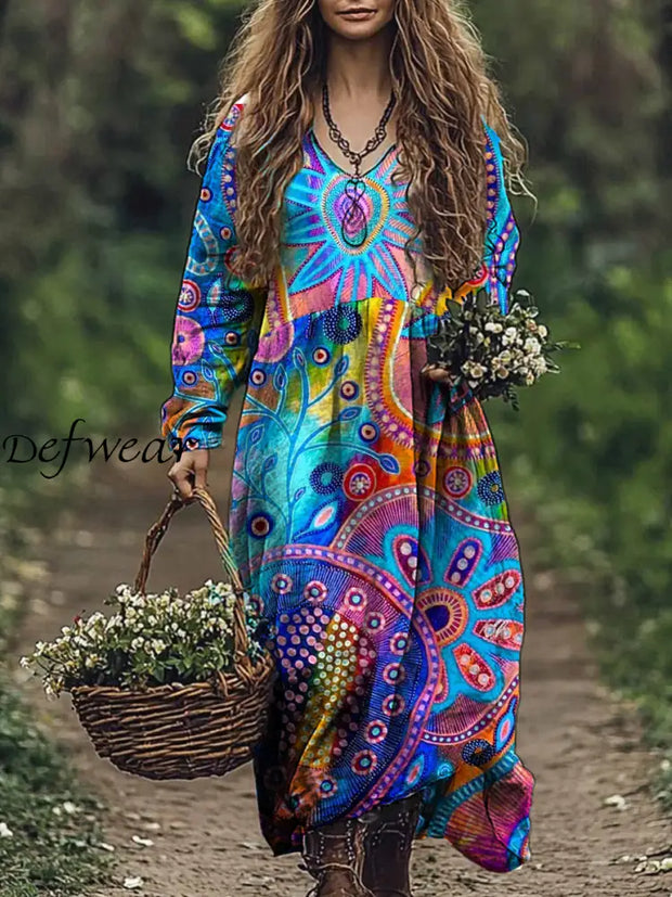 Vintage Art Print V-Neck Elegant Chic Loose Long Sleeve Midi Dress A / S