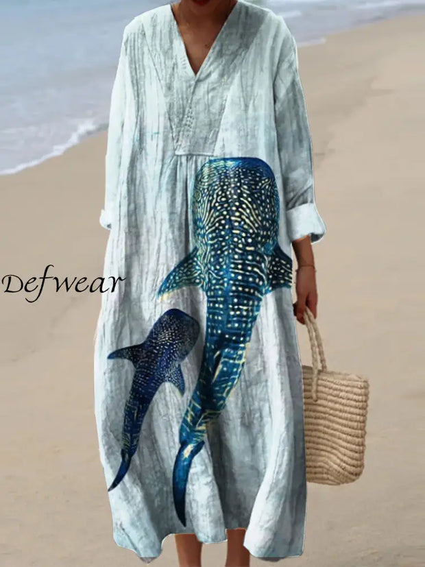 Vintage Art Print V Neck Elegant Chic Loose Long Sleeve Midi Dress A / S