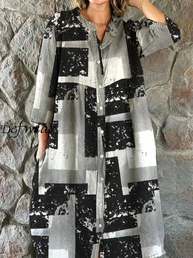 Vintage Art Sequin Print Chic V Neck Three Quarter Sleeve Button Up Elegant Midi Dress A / S