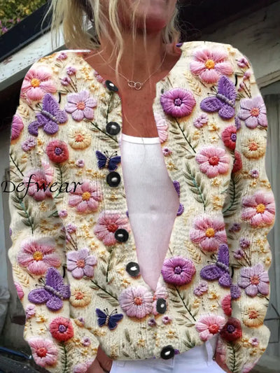 Vintage Bohemian Floral Art Print Button Cardigan A / S