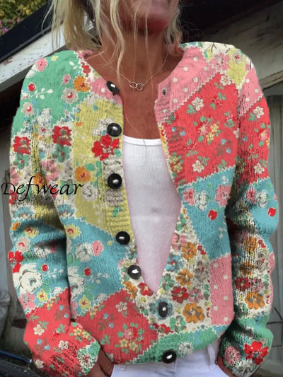 Vintage Bohemian Floral Art Print Button Cardigan A / S