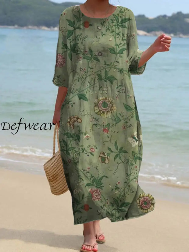 Vintage Bohemian Floral Art Print Chic Round Neck Three Quarter Sleeve Elegant Midi Dress A / S