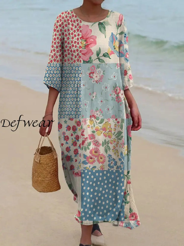 Vintage Bohemian Floral Art Print Chic Round Neck Three-Quarter Sleeves Elegant Midi Dress A / S