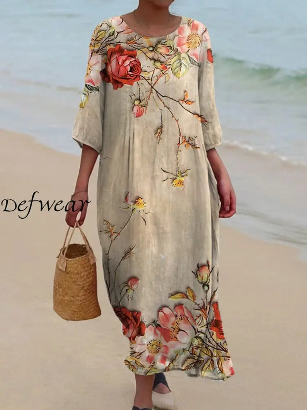 Vintage Bohemian Floral Art Print Chic Round Neck Three-Quarter Sleeves Elegant Midi Dress A / S