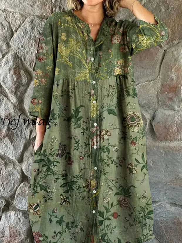 Vintage Bohemian Floral Art Print Chic V Neck Three Quarter Sleeve Button Elegant Midi Dress A / S