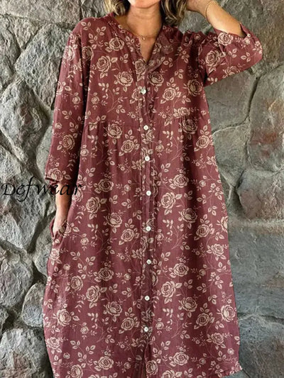 Vintage Bohemian Floral Art Print Chic V Neck Three Quarter Sleeve Button Elegant Midi Dress A / S