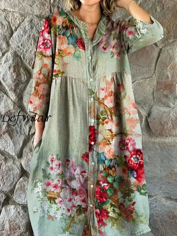 Vintage Bohemian Floral Art Print Chic V Neck Three Quarter Sleeve Button Elegant Midi Dress A / S