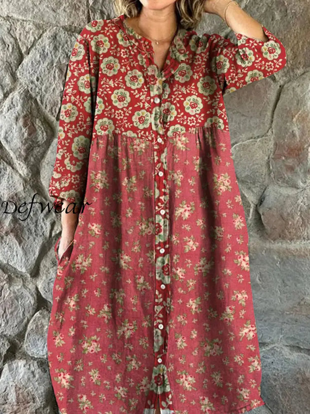 Vintage Bohemian Floral Art Print Chic V Neck Three Quarter Sleeve Button Elegant Midi Dress A / S