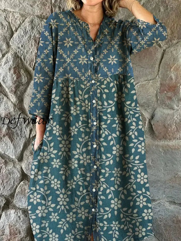 Vintage Bohemian Floral Art Print Chic V Neck Three Quarter Sleeve Button Elegant Midi Dress A / S