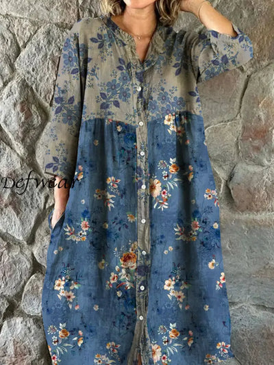 Vintage Bohemian Floral Art Print Chic V Neck Three Quarter Sleeve Button Elegant Midi Dress A / S