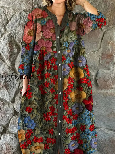 Vintage Bohemian Floral Art Print Chic V Neck Three Quarter Sleeve Button Elegant Midi Dress A / S